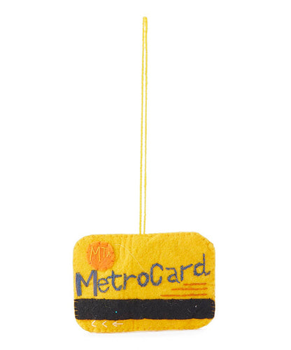 Yellow MetroCard plush toy with a string on a white background