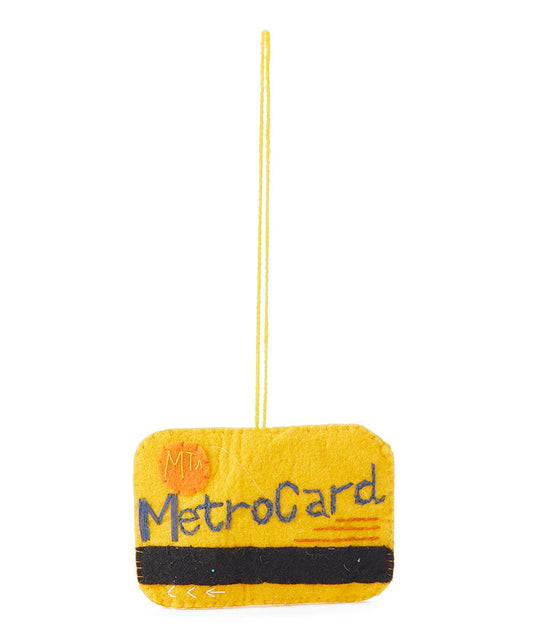 Yellow MetroCard plush toy with a string on a white background