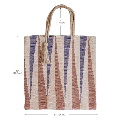 Striped tote bag with measurements on a white background