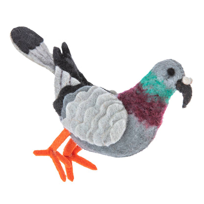 Felted pigeon toy with gray, black, red, and orange colors on a white background