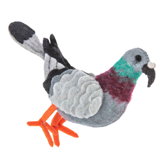 Felted pigeon toy with gray, black, red, and orange colors on a white background