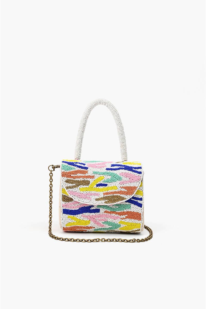 Multicolored handbag with a chain strap on a white background