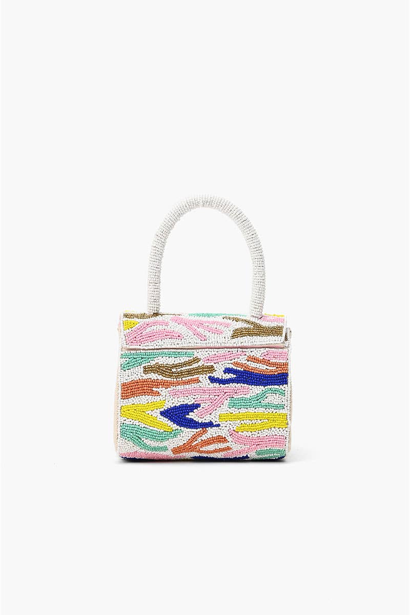 Colorful handbag with abstract pattern on a white background