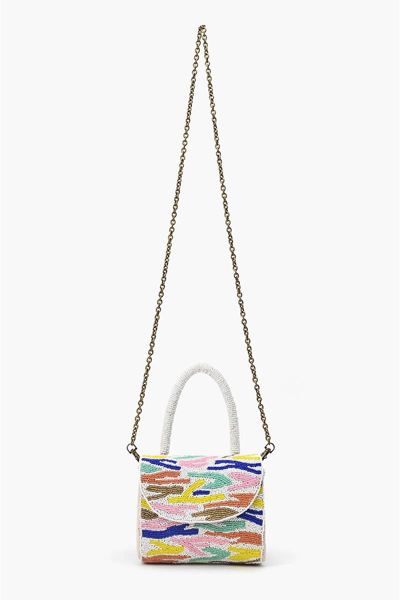 Colorful handbag with a chain strap on a white background