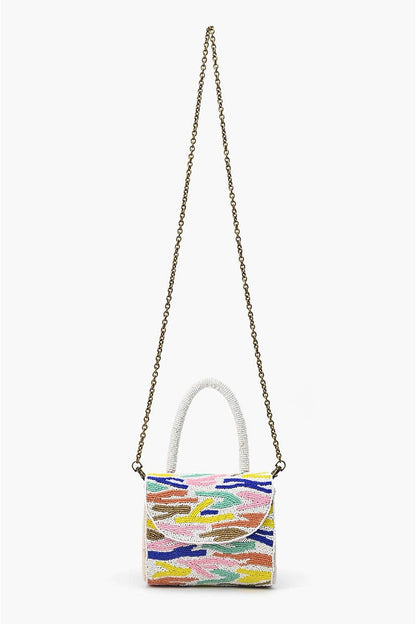 Colorful handbag with a chain strap on a white background