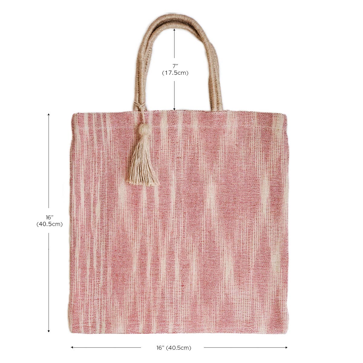 Red and white striped tote bag with a tassel, shown with measurements on a white background.