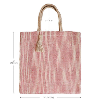 Red and white striped tote bag with a tassel, shown with measurements on a white background.