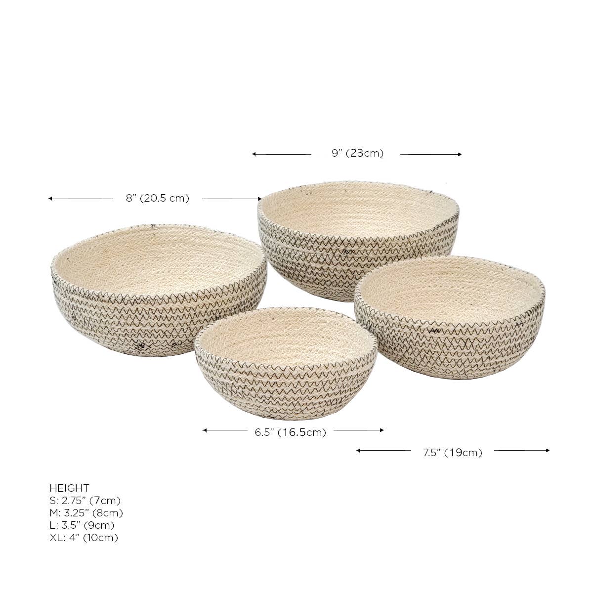 Set of four woven stools with dimensions labeled on a white background