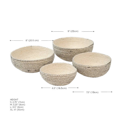 Set of four woven stools with dimensions labeled on a white background