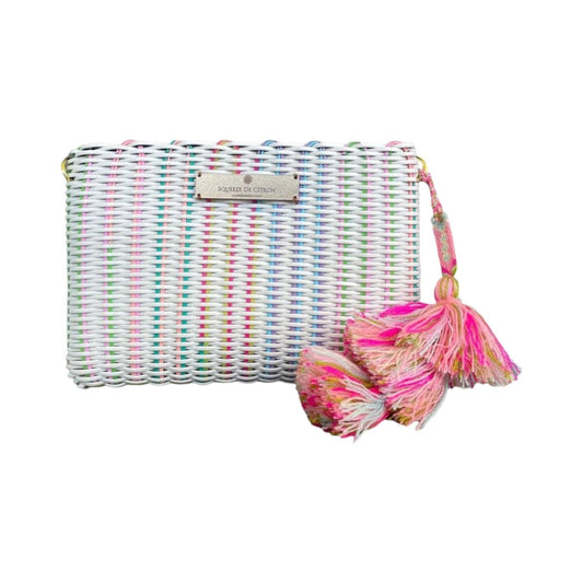 Woven clutch bag with colorful tassel on a white background
