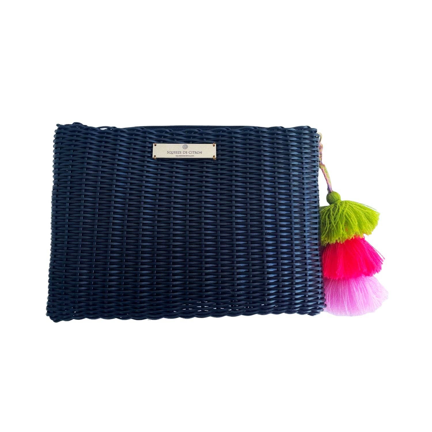 Navy blue woven clutch with colorful tassels on a white background
