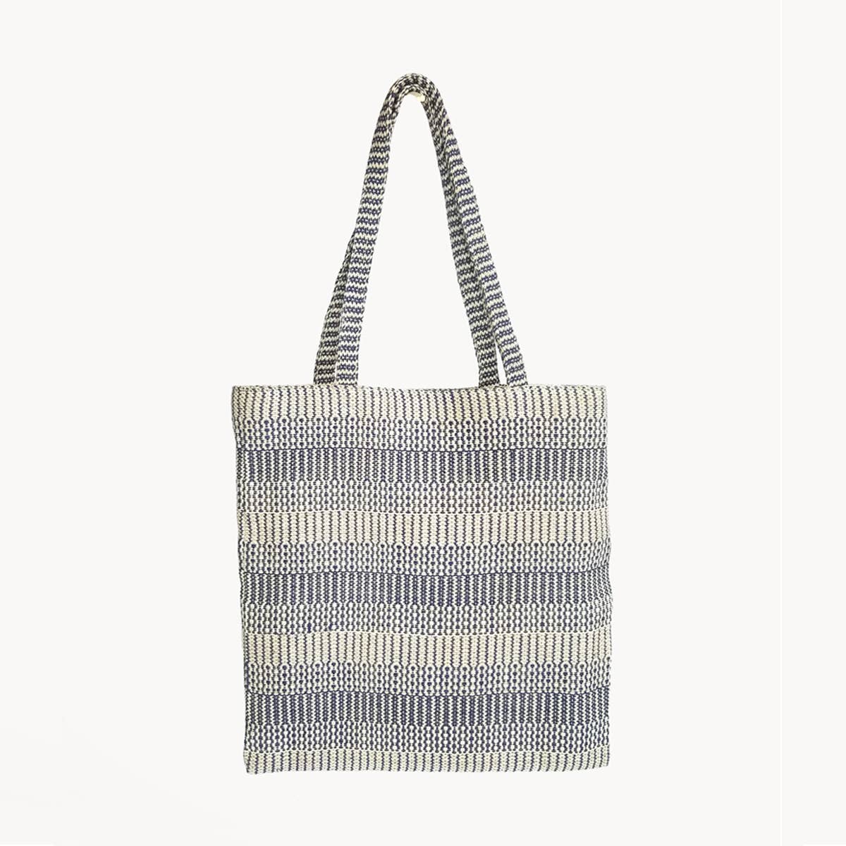Striped tote bag with a pattern on a white background