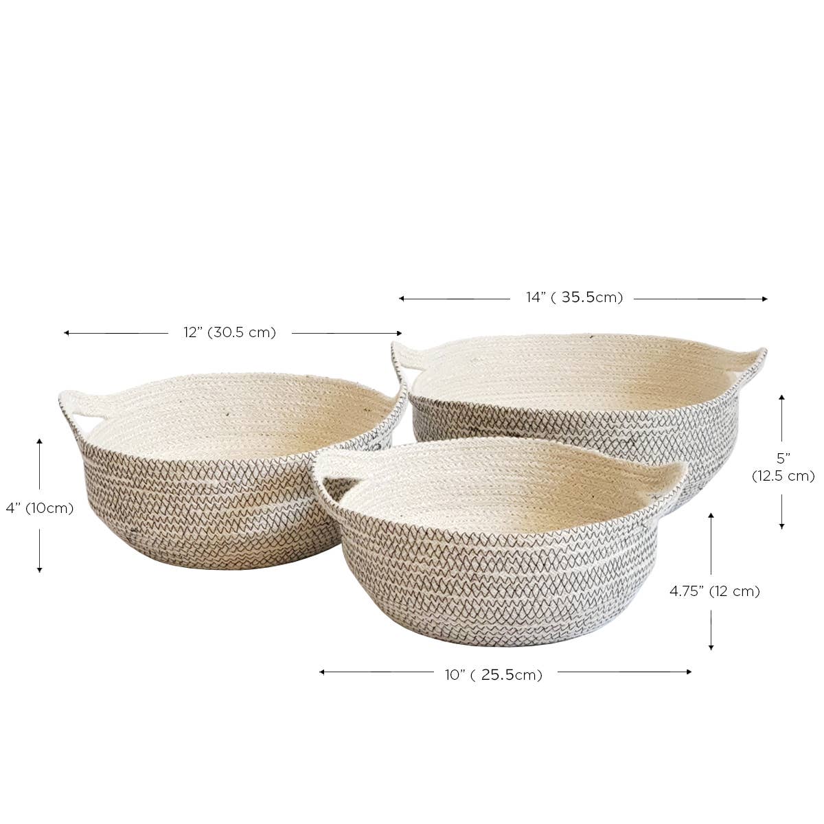 Three woven baskets with dimensions labeled on a white background