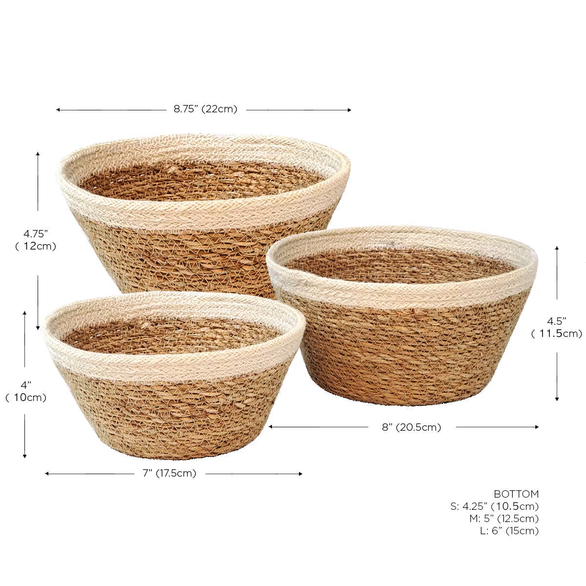 Three woven baskets with dimensions indicated on a white background