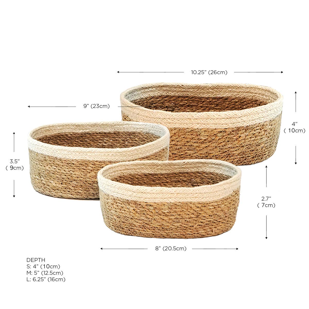 Three woven baskets with dimensions labeled on a white background