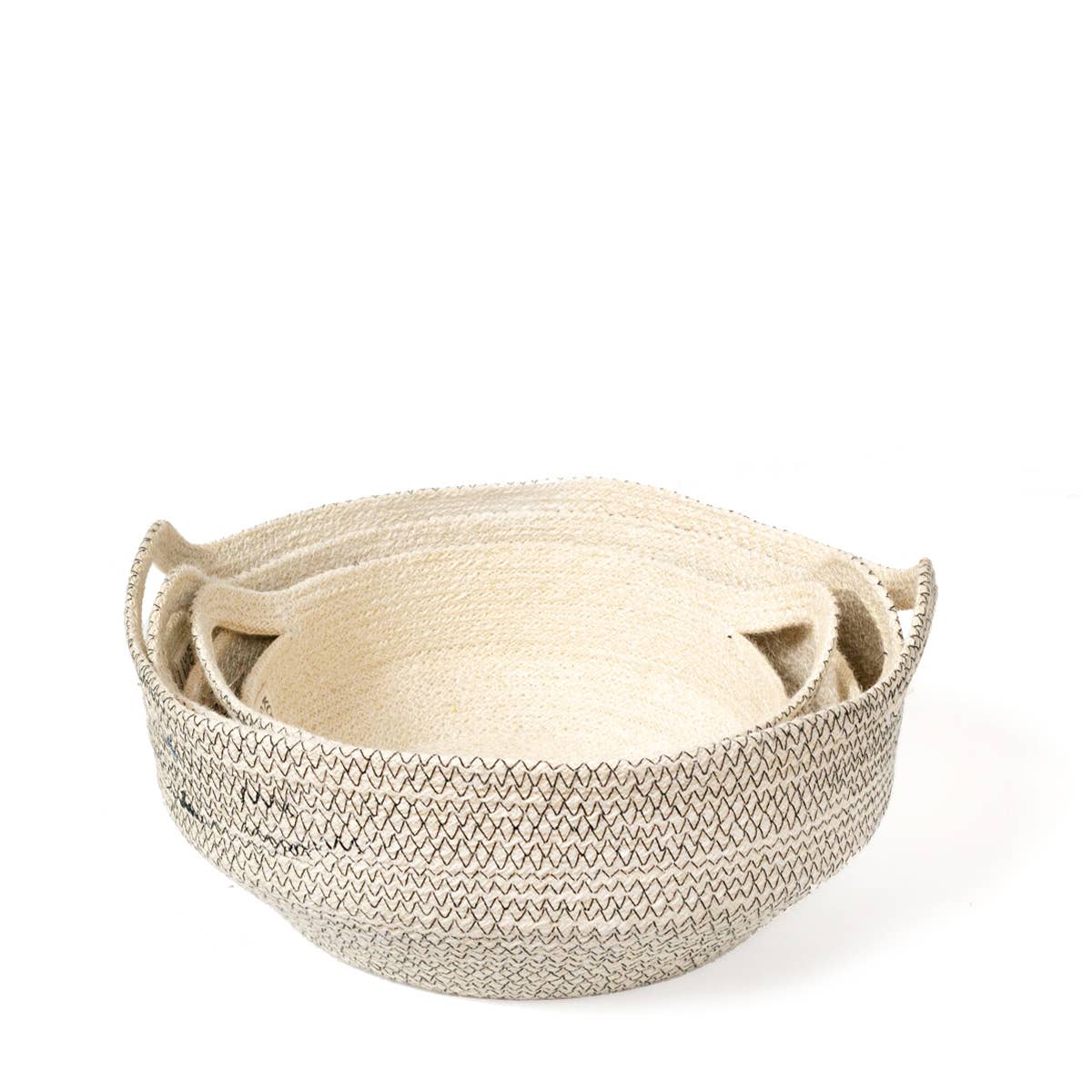 Woven basket with a textured pattern on a white background