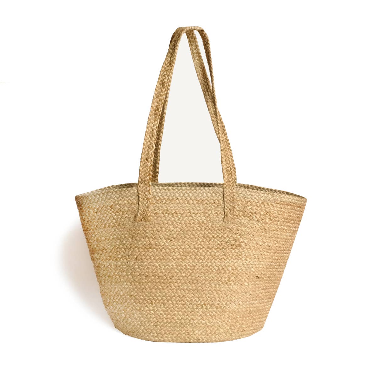 Woven straw tote bag on a white background