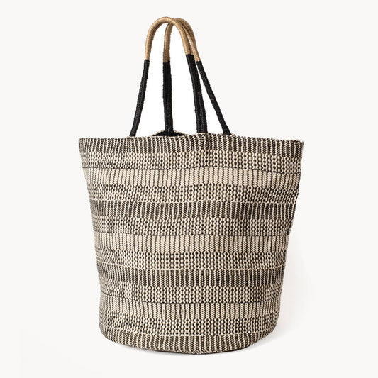 Woven tote bag with striped pattern on a white background